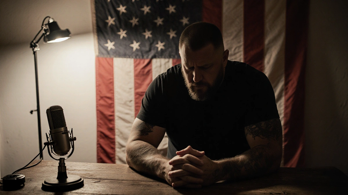 Joe Rogan sits with clasped hands at worn desk with vintage microphone and American flag in dimly lit studio