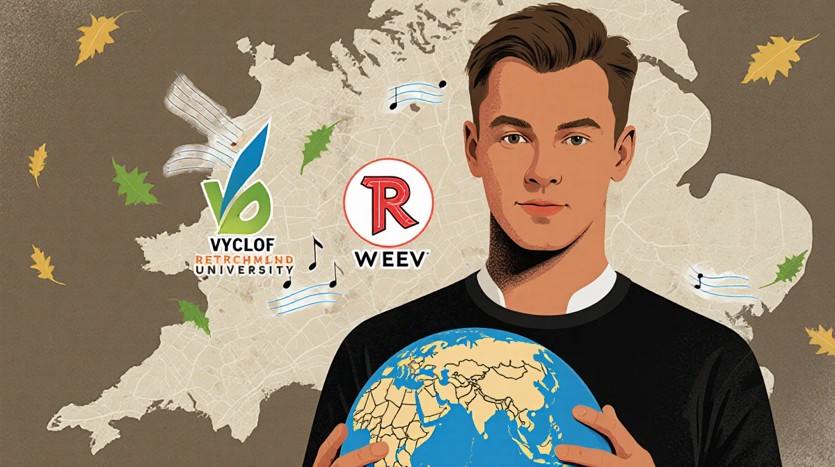 Joe Sumner standing with globe near Richmond University map with musical notes and leaves