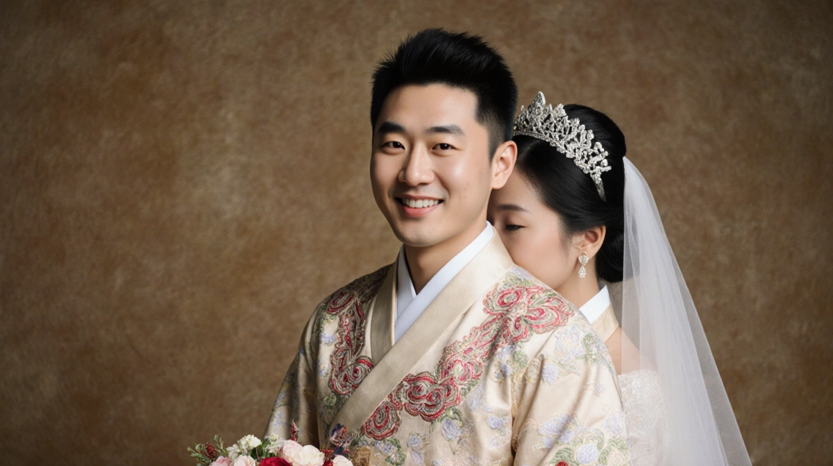 Joel Kim Booster smiles in embroidered hanbok with Korean paper background and traditional wedding veil