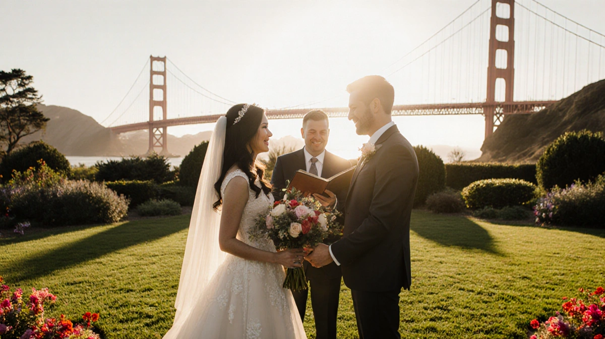 Joel Kim Booster and John Michael Sudsina exchanging vows with Golden Gate Bridge behind them and sunset casting warm light