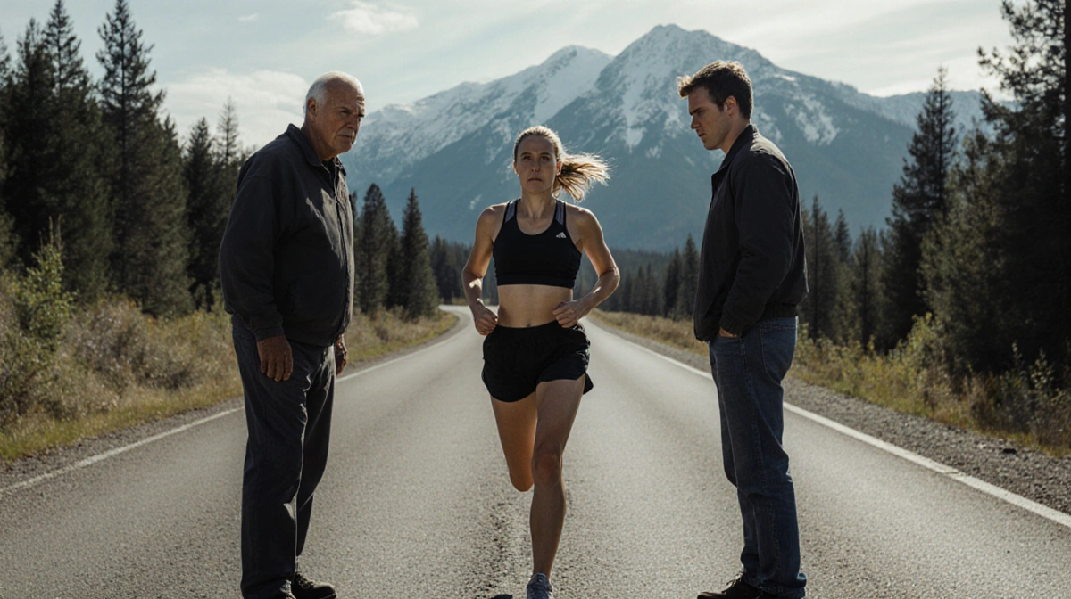 Female jogger stopping warily on rural mountain road with two men blocking her path and scenic trees rising behind