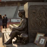 John Beam bronze statue stands at Laney College memorial with vintage football equipment and golden light illuminating the tr