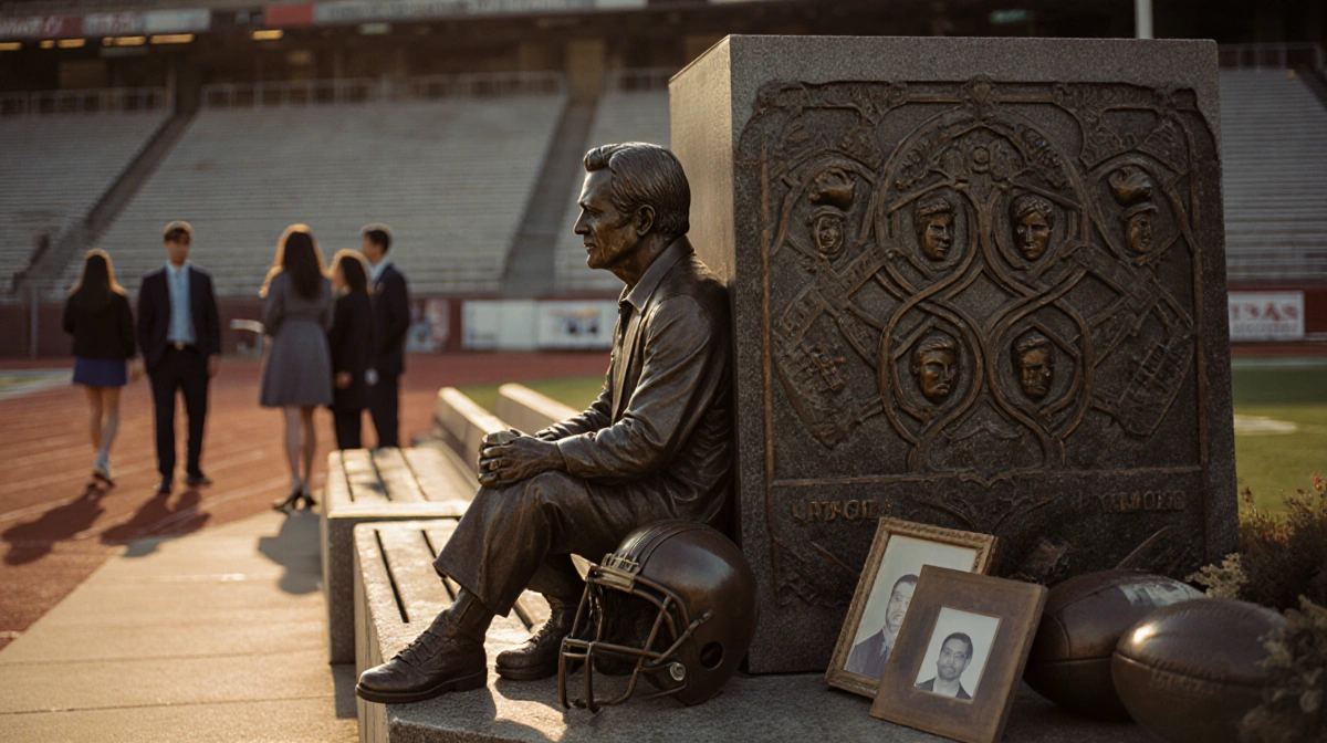 John Beam bronze statue stands at Laney College memorial with vintage football equipment and golden light illuminating the tr