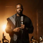 John Forté stands alone at sunset with Grammy Awards scattered around him and his Fugees bandana draped over his shoulders