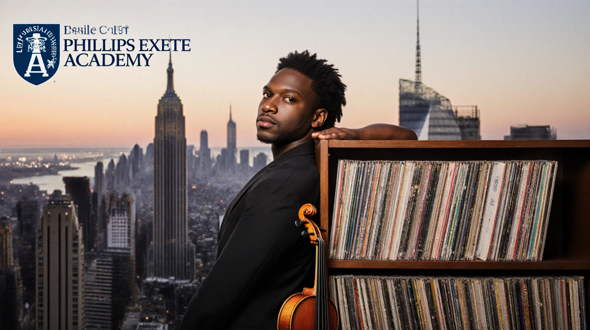 John Forté stands with violin near vinyl-filled bookshelf with blurred NYC skyline behind