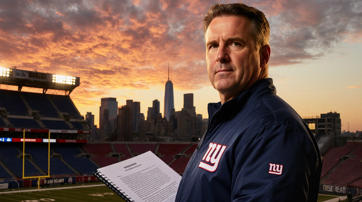 John Harbaugh stands confidently with Giants jacket and contract notebook at sunset stadium with Manhattan skyline behind