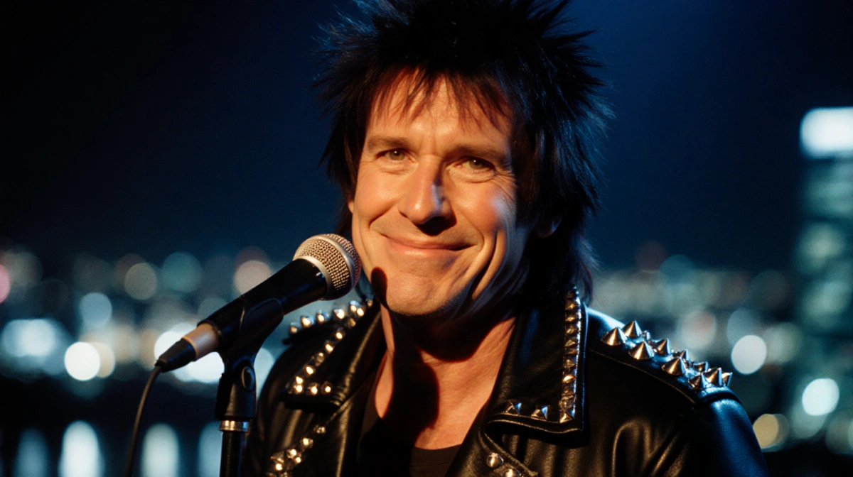 John Lydon performing with spiky hair and leather jacket with studs at mic under city lights