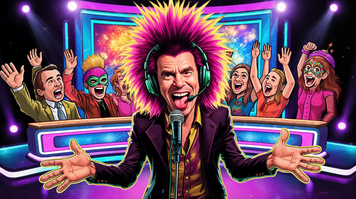 John Lydon as yak performing with microphone headset and spiky hair on colorful Masked Singer UK stage