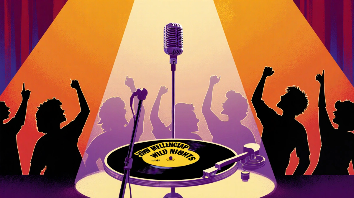 Concert stage lights up with spinning vinyl record and microphone stand as audience sings along with nostalgic John Mellencam