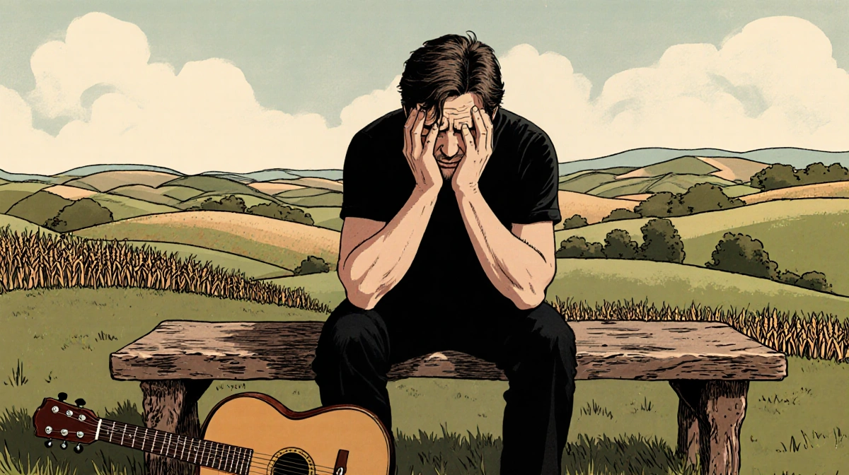 John Mellencamp sitting on wooden bench with head in hands and guitar case beside him overlooking Indiana cornfields