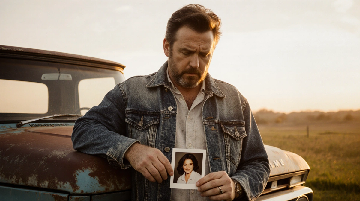 John Mellencamp stands by vintage pickup truck with sunset behind him and holds photo while wearing denim jacket