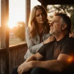 John Mellencamp sits on porch with Teddi Mellencamp standing close and guitar nearby