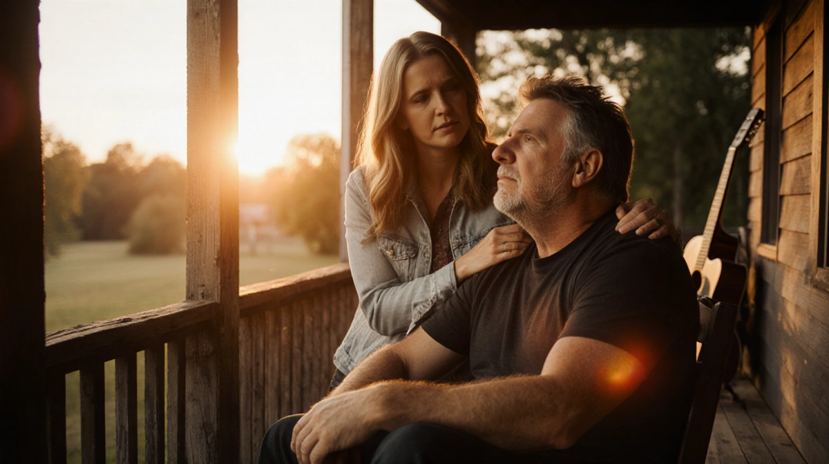 John Mellencamp sits on porch with Teddi Mellencamp standing close and guitar nearby