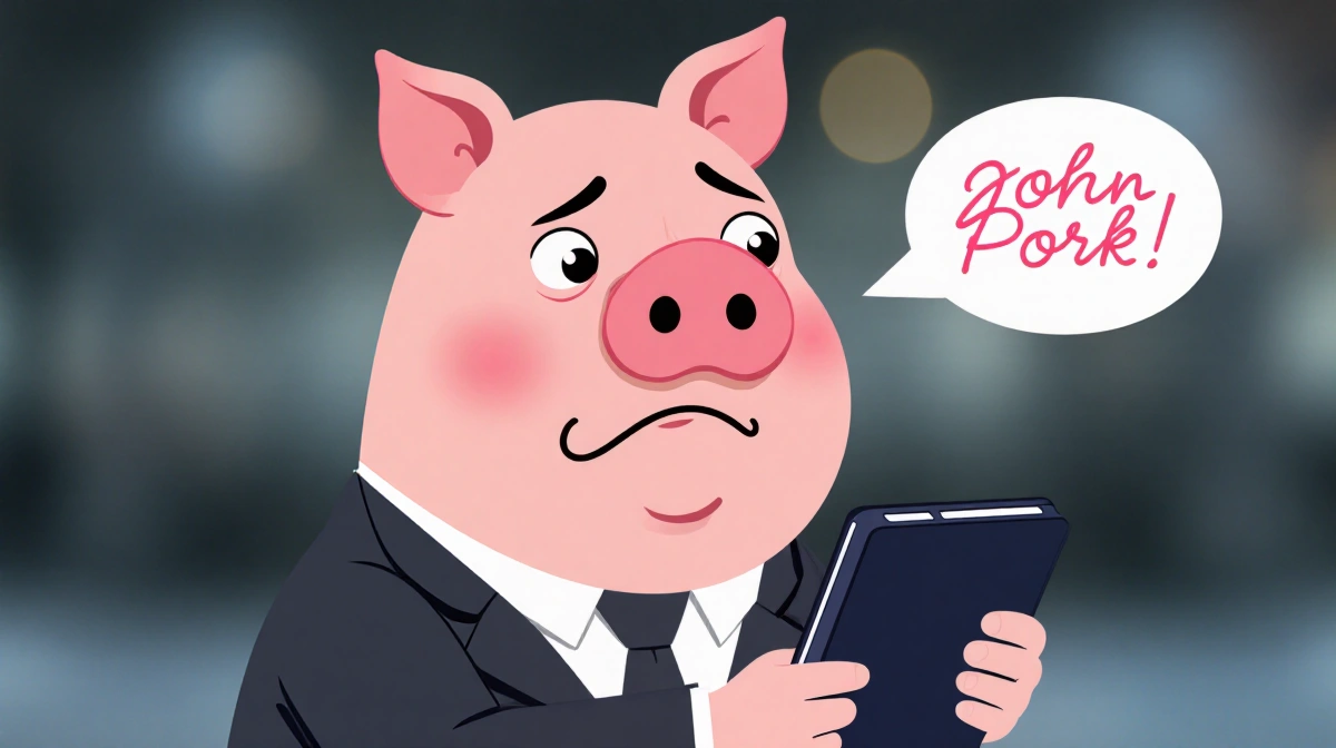 Cartoon pig in suit looking puzzled at phone with Jeopardy logo and John Pork caption in corner