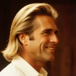 John Stamos poses with blonde highlights and subtle smile against warm wood backdrop