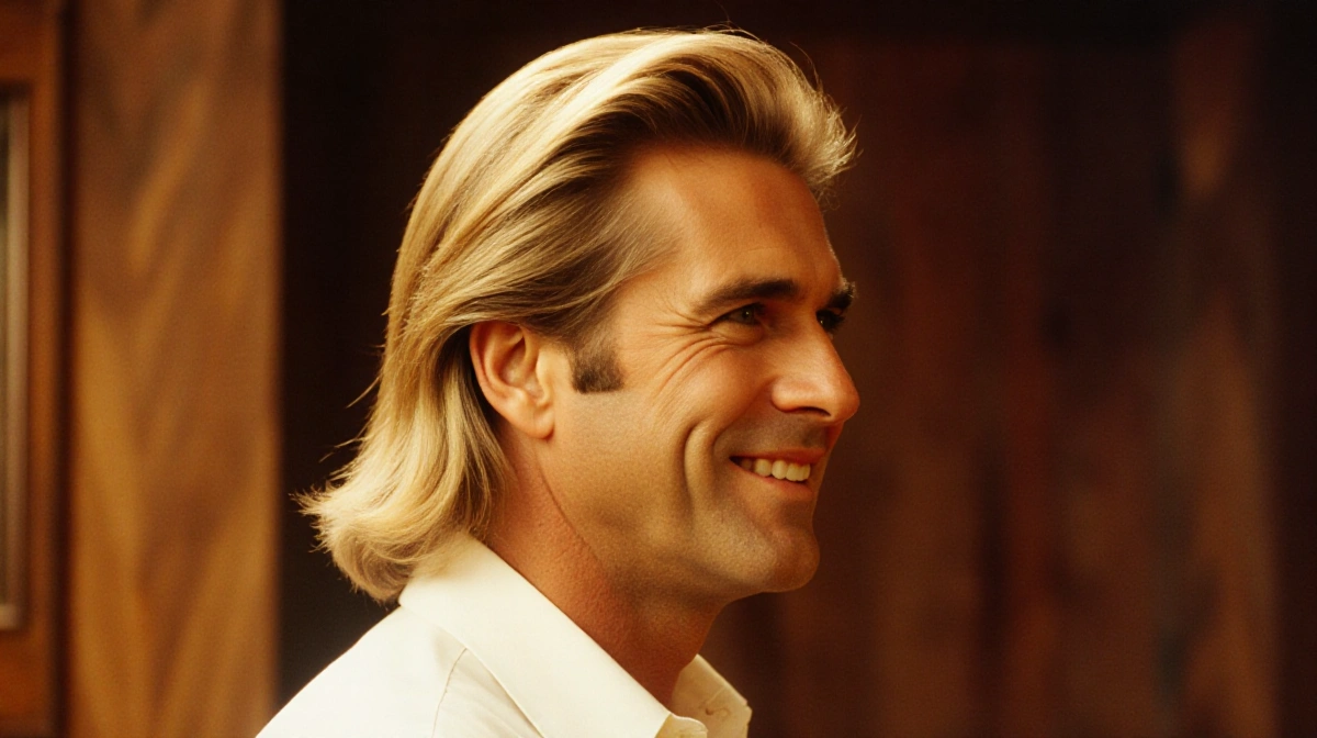 John Stamos poses with blonde highlights and subtle smile against warm wood backdrop
