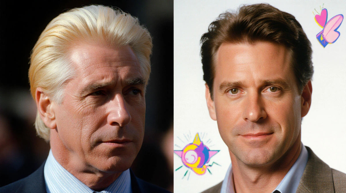 John Stamos shows blonde highlights on left with Jesse Katsopolis from Full House on right and retro graphics