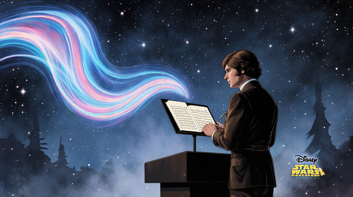 Musician in 70s clothes plays on podium with twinkling lights swirling from sheet music and Star Wars logos behind