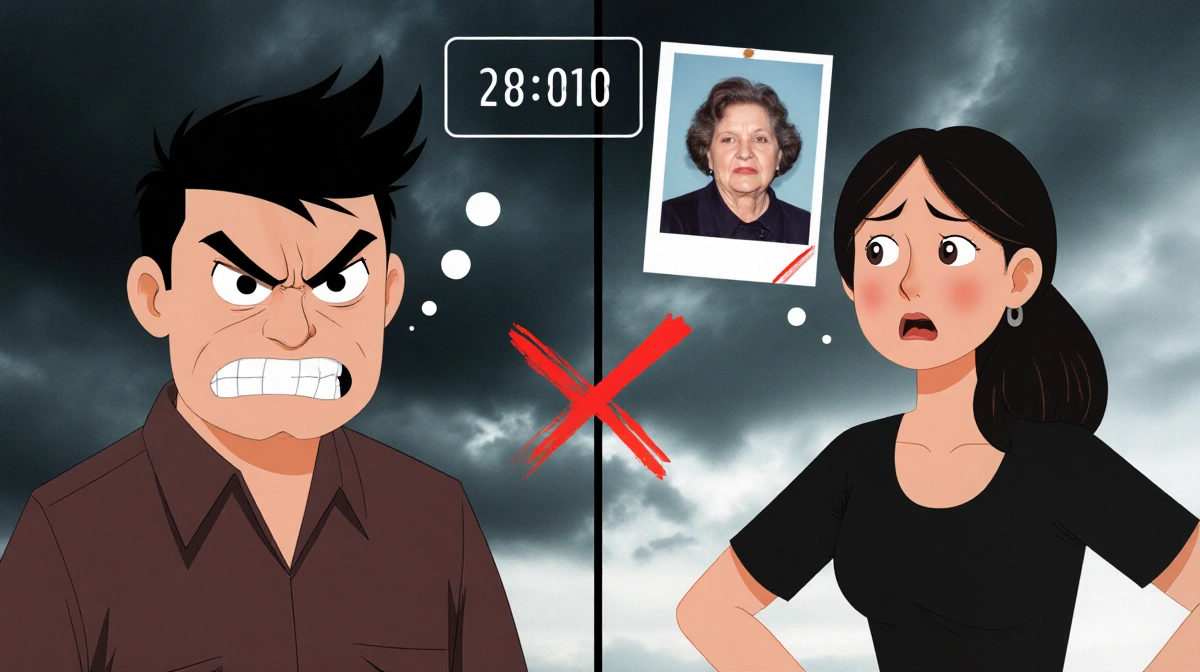 Angry Johnny arguing with dismissive Chloe during split-screen video call with timer and crossed-out photo of his late mother