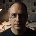 Johnny Dodd stands at worn wooden newsroom desk with vintage lamp and scattered papers showing his storytelling passion