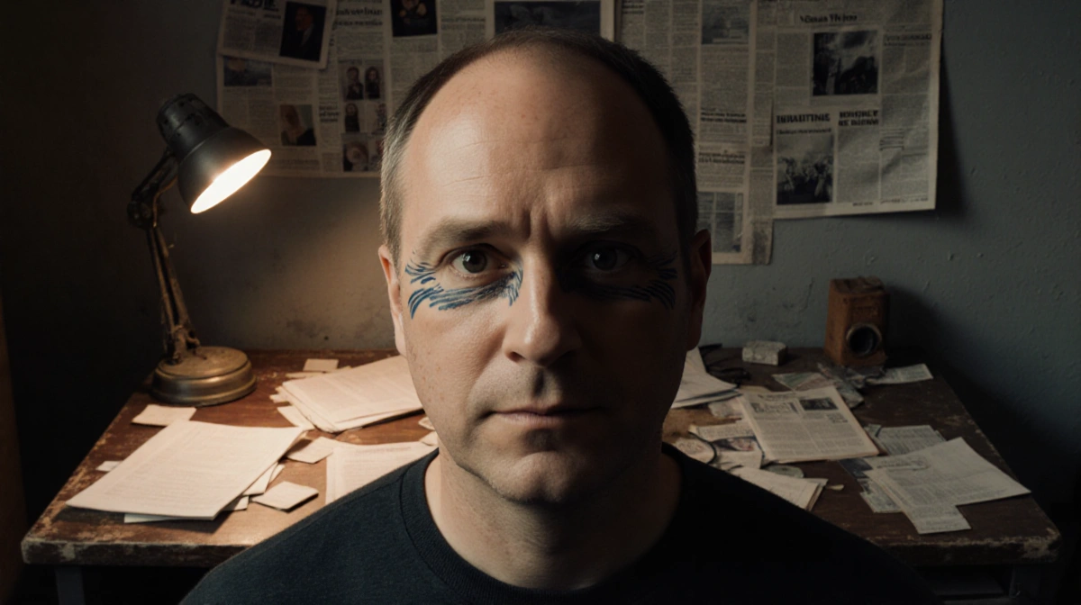Johnny Dodd stands at worn wooden newsroom desk with vintage lamp and scattered papers showing his storytelling passion