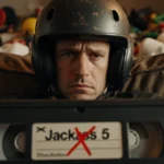 Johnny Knoxville wearing Jackass helmet on couch with VHS tape and broken toys