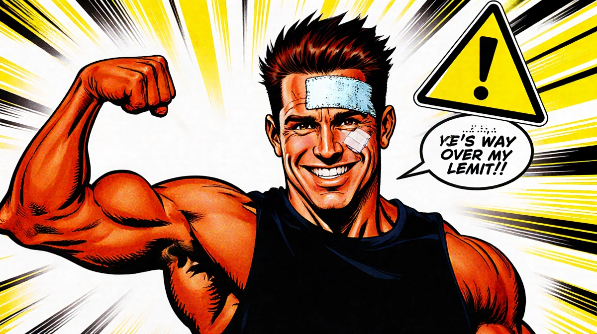 Johnny Knoxville flexing his arm with a cheeky grin while sporting a bandage on his forehead with danger zone warning sign be