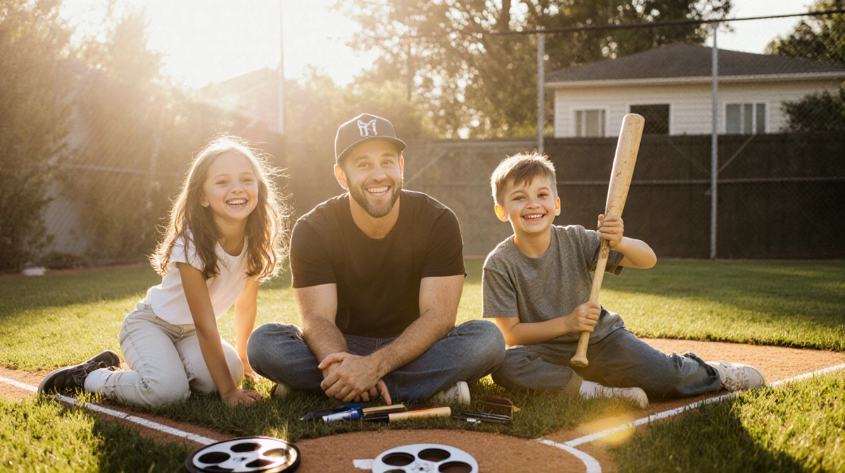 Johnny Knoxville playing baseball with his three kids in a sunny backyard with a mini baseball diamond and film reel nearby