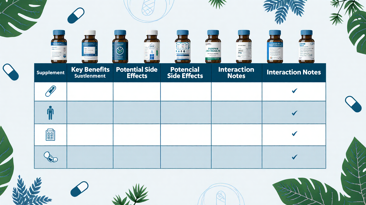 Table shows joint supplement columns for side effects with pill icons on blue green background