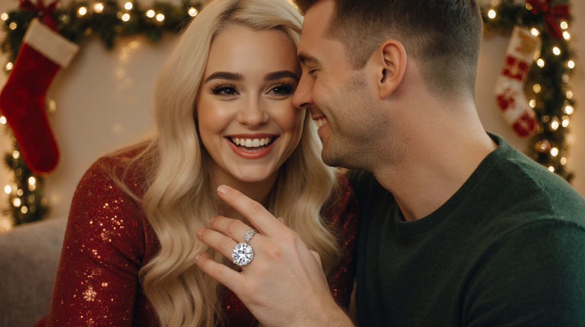 JoJo Siwa showing her engagement ring with Chris Hughes smiling and Christmas lights behind them