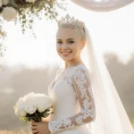 JoJo Siwa posing in lace wedding dress with veil and tiara under floral arch