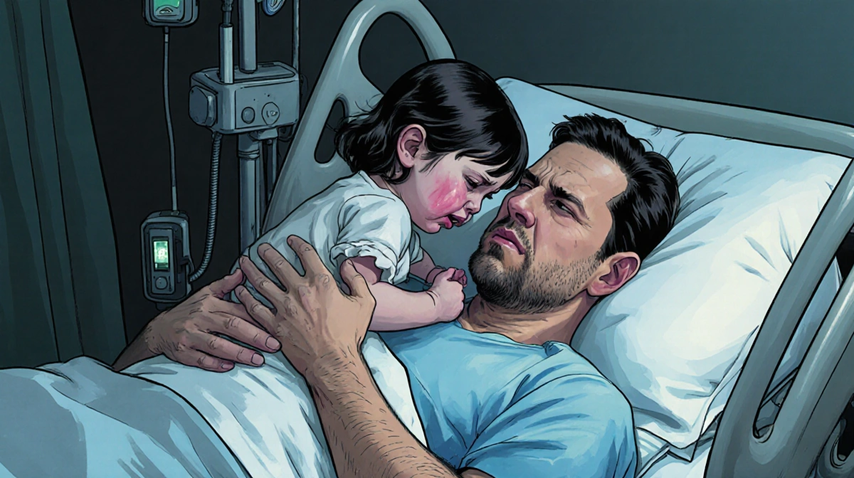 Jon Bernthal cradles his sick daughter in hospital bed with medical monitors glowing softly behind them