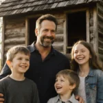 Jon Bernthal smiles with his three children near a wooden treehouse with sunlight filtering through the trees