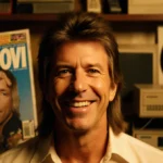 Jon Bon Jovi smiling at camera with vintage 2016 tech and vinyl records in warm golden light