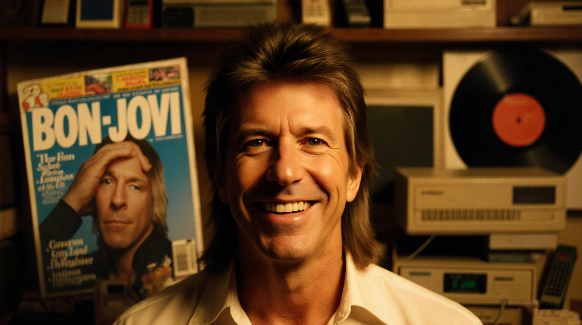 Jon Bon Jovi smiling at camera with vintage 2016 tech and vinyl records in warm golden light