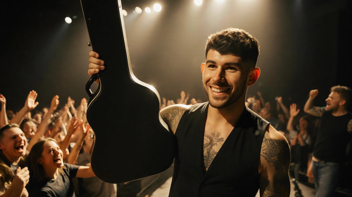 Jonas Brothers guitar tech walks backstage with guitar case and confident smile with cheering crowd behind