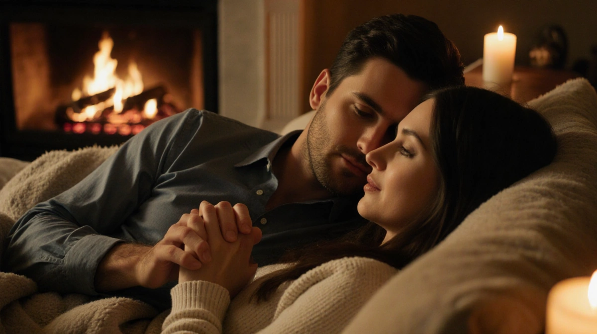 Jonathan Scott and Zooey Deschanel cuddling on couch with fireplace and candles creating romantic glow