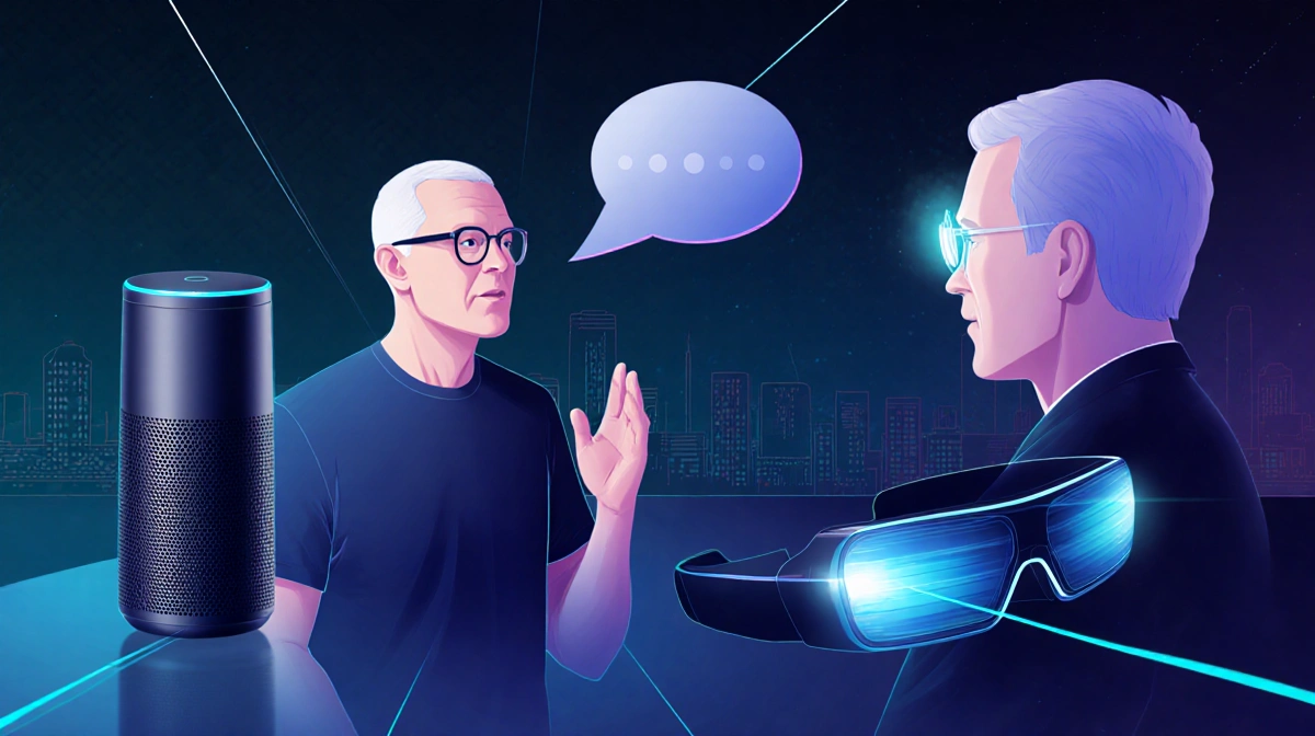 Jony Ive gesturing beside smart speakers and AR glasses with a glowing companion device in a sleek futuristic setting