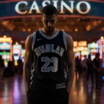 Jordan Addison stands alone outside a casino with glowing slot machines and blurred onlookers behind him