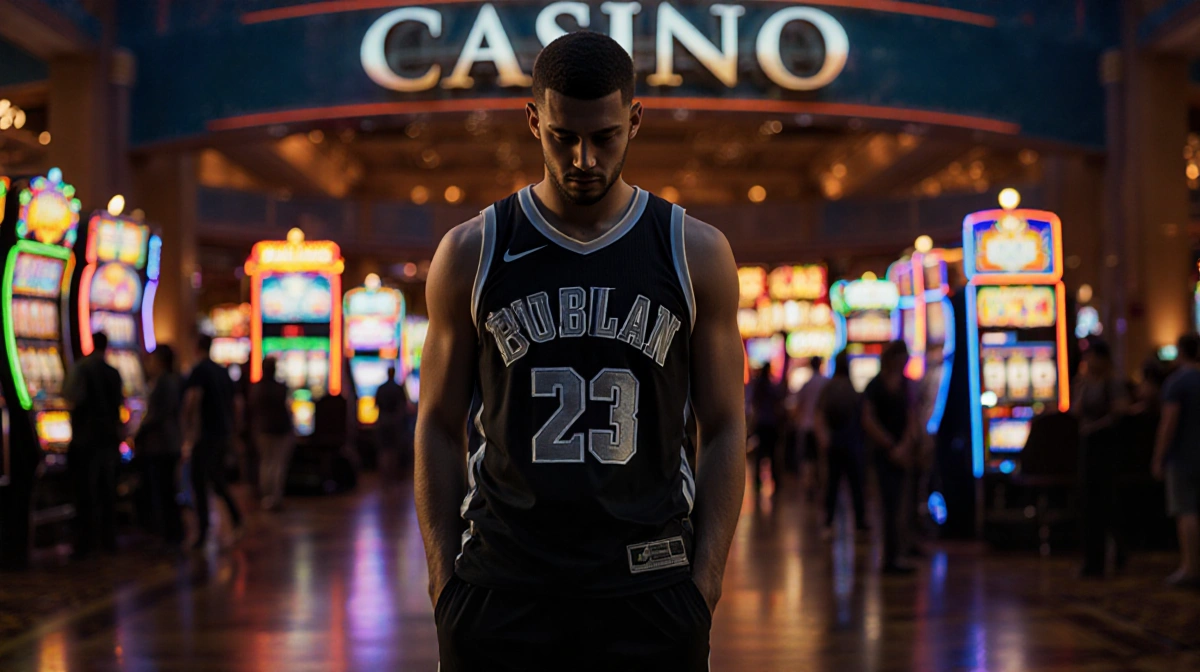 Jordan Addison stands alone outside a casino with glowing slot machines and blurred onlookers behind him
