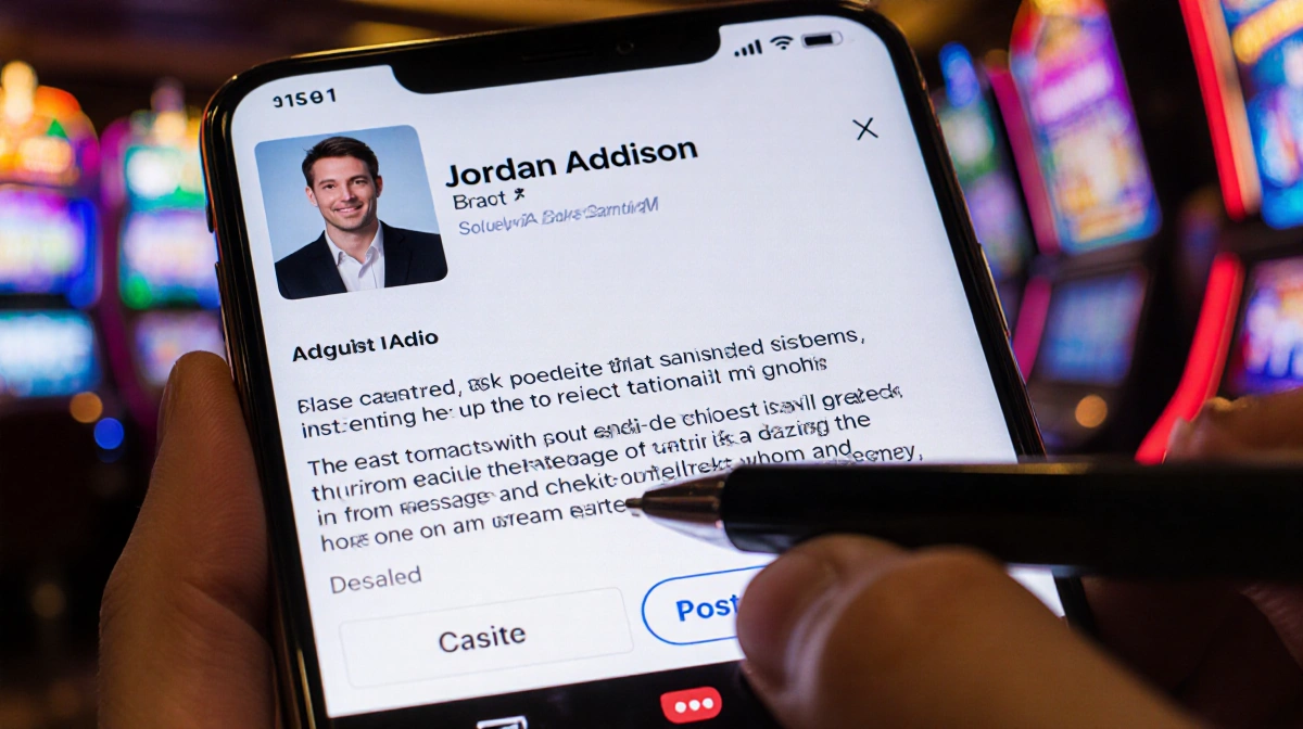 Jordan Addison's finger hovers over the X post button on smartphone screen with blurred casino background showing behind