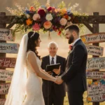 Jordan Kahn singing at wedding altar with hand-painted floral backdrop and wooden lyric signs glowing in warm light