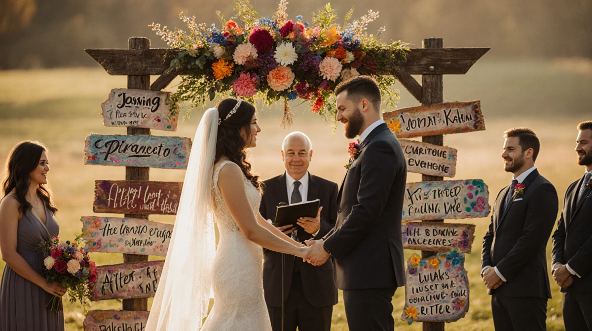 Jordan Kahn singing at wedding altar with hand-painted floral backdrop and wooden lyric signs glowing in warm light