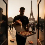 Jordan Stolz walking with pizza box and melted cheese showing Beijing skyline with Eiffel Tower silhouette