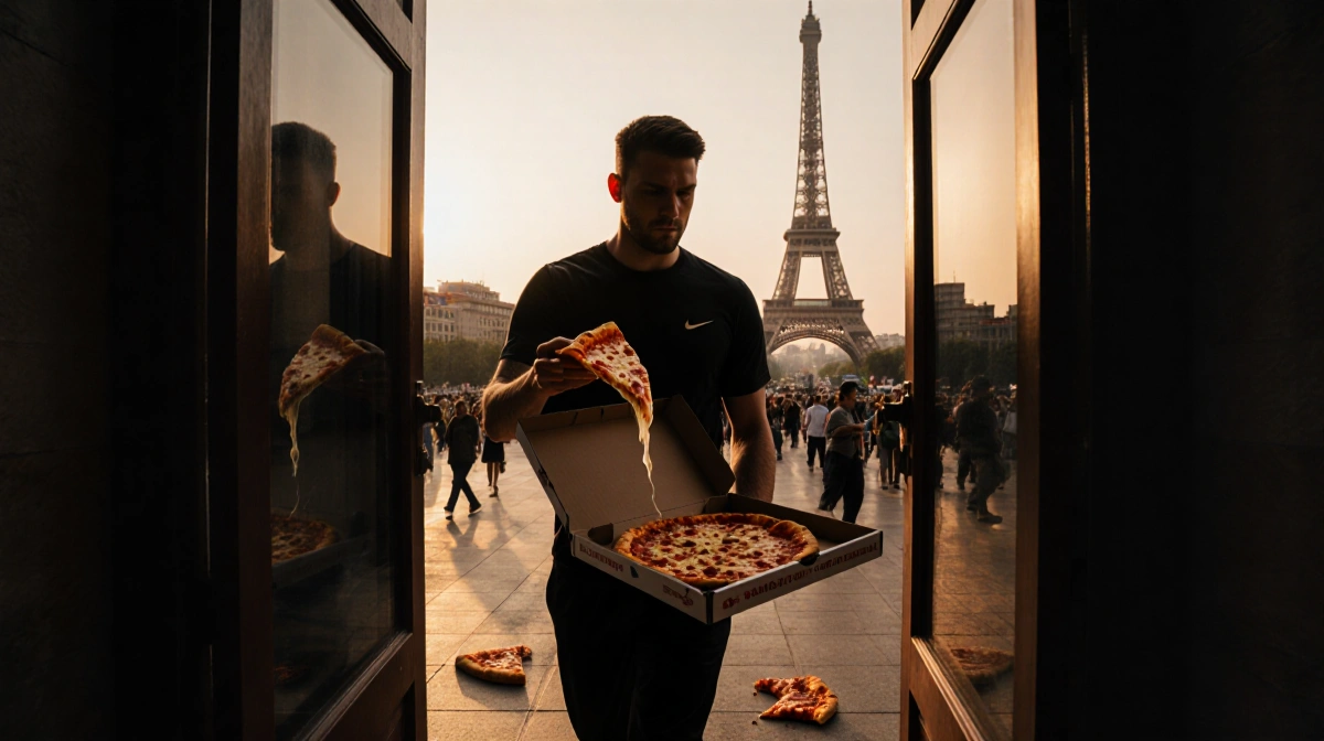 Jordan Stolz walking with pizza box and melted cheese showing Beijing skyline with Eiffel Tower silhouette