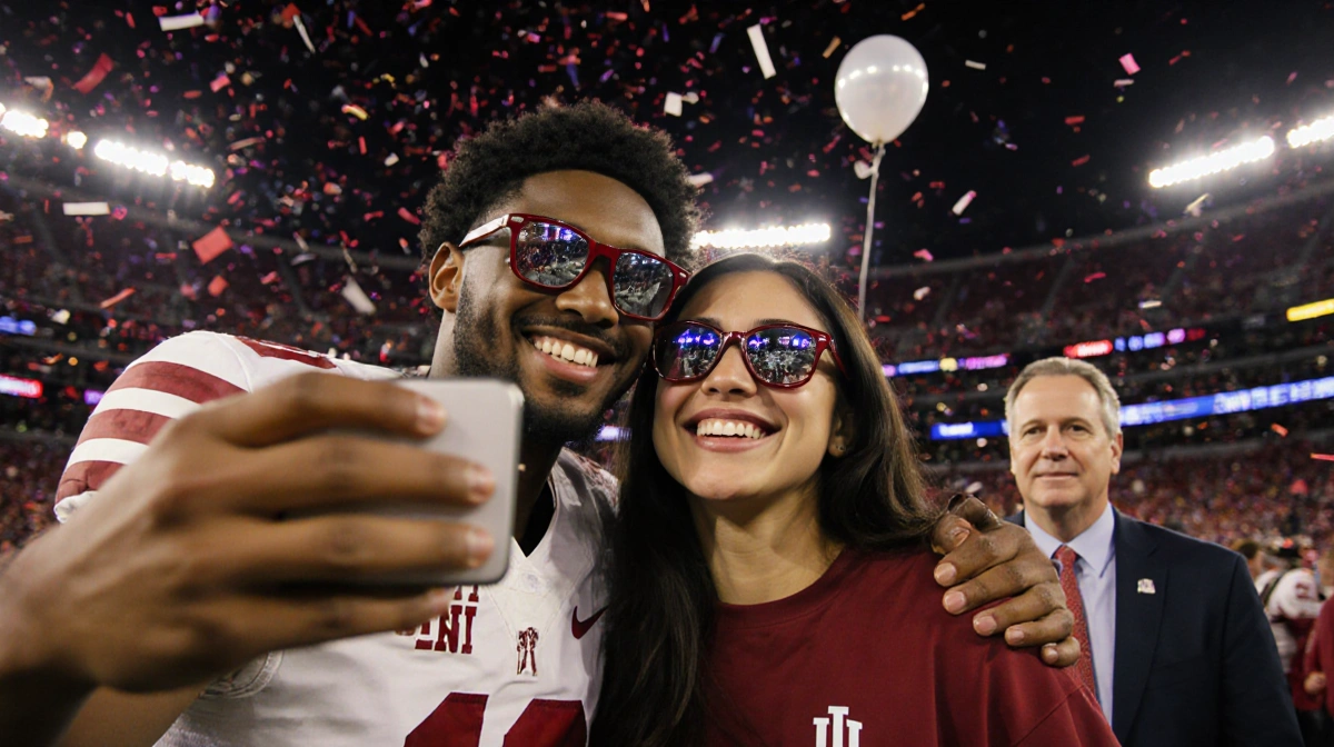 Jordon Hudson and Alix Earle smile while taking a selfie with phones and confetti in a neon-lit college championship stadium.