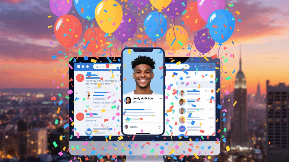 Jordy smiles on phone screen with colorful balloons and confetti rising from social media notifications on desktop