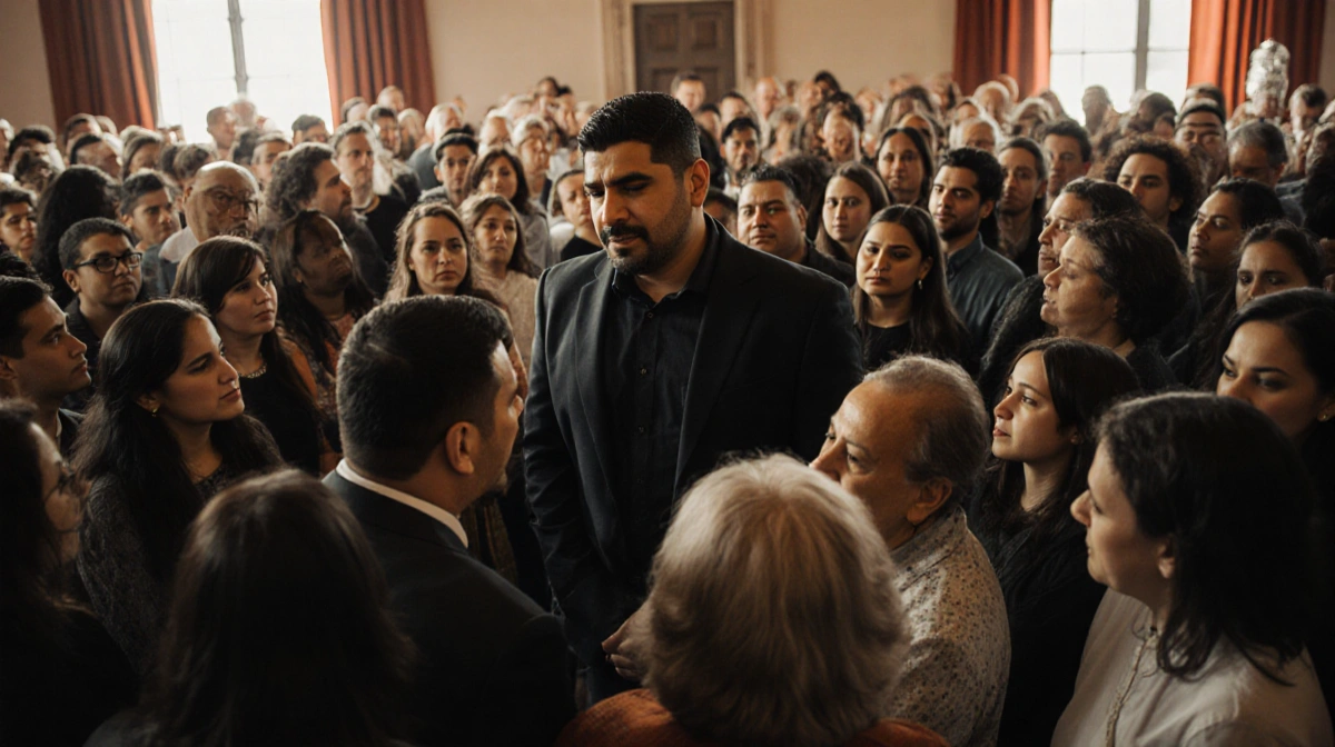 Jorge Fuentes stands with community members showing support with warm lighting and emotional connections