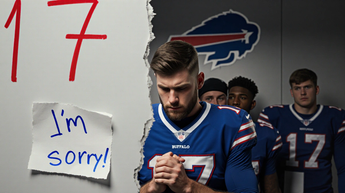 Josh Allen stands bowed with crossed hands in front of whiteboard showing his crossed-out jersey number while teammates watch