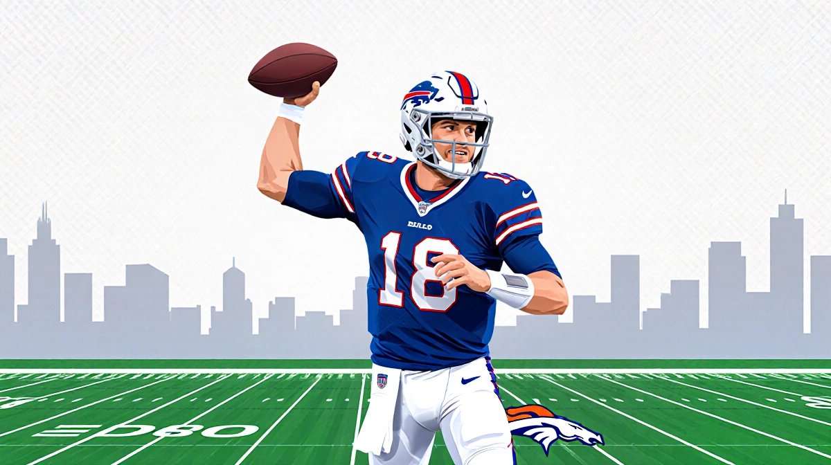 Josh Allen celebrating victory with raised arm and Broncos logo on football field with Denver skyline